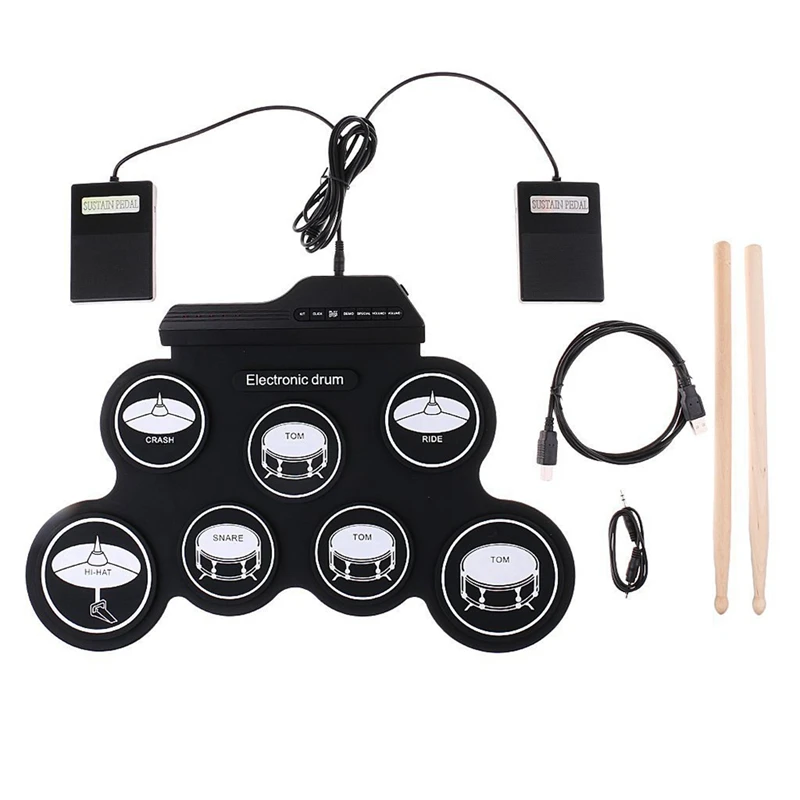 

Electronic Music Drums Hand Roll USB Drum Black Silica Gel 7-Pad Kit With Drumsticks Sustain Pedal