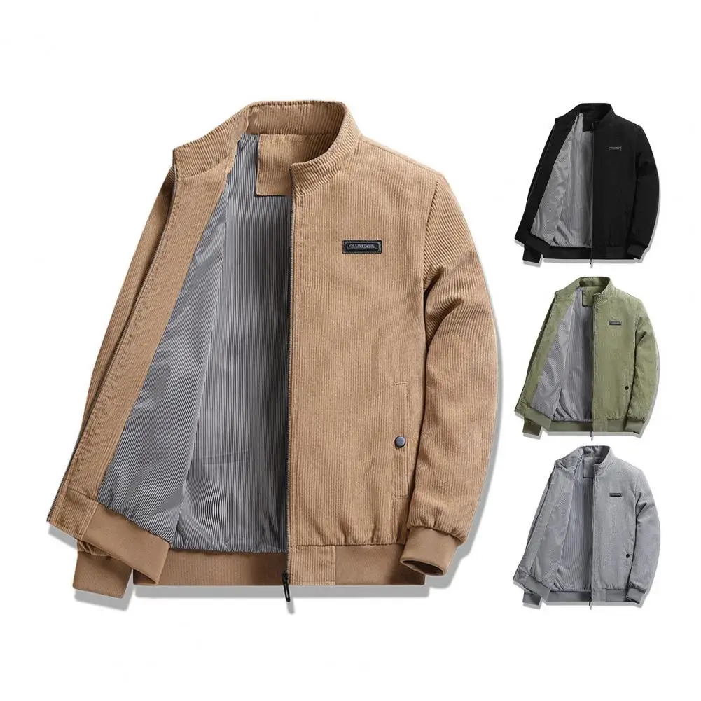 

Men Corduroy Coat Spring Autumn Stand Collar Long Sleeve Male Jacket Solid Color Zipper Placket Side Pockets Men Outwear