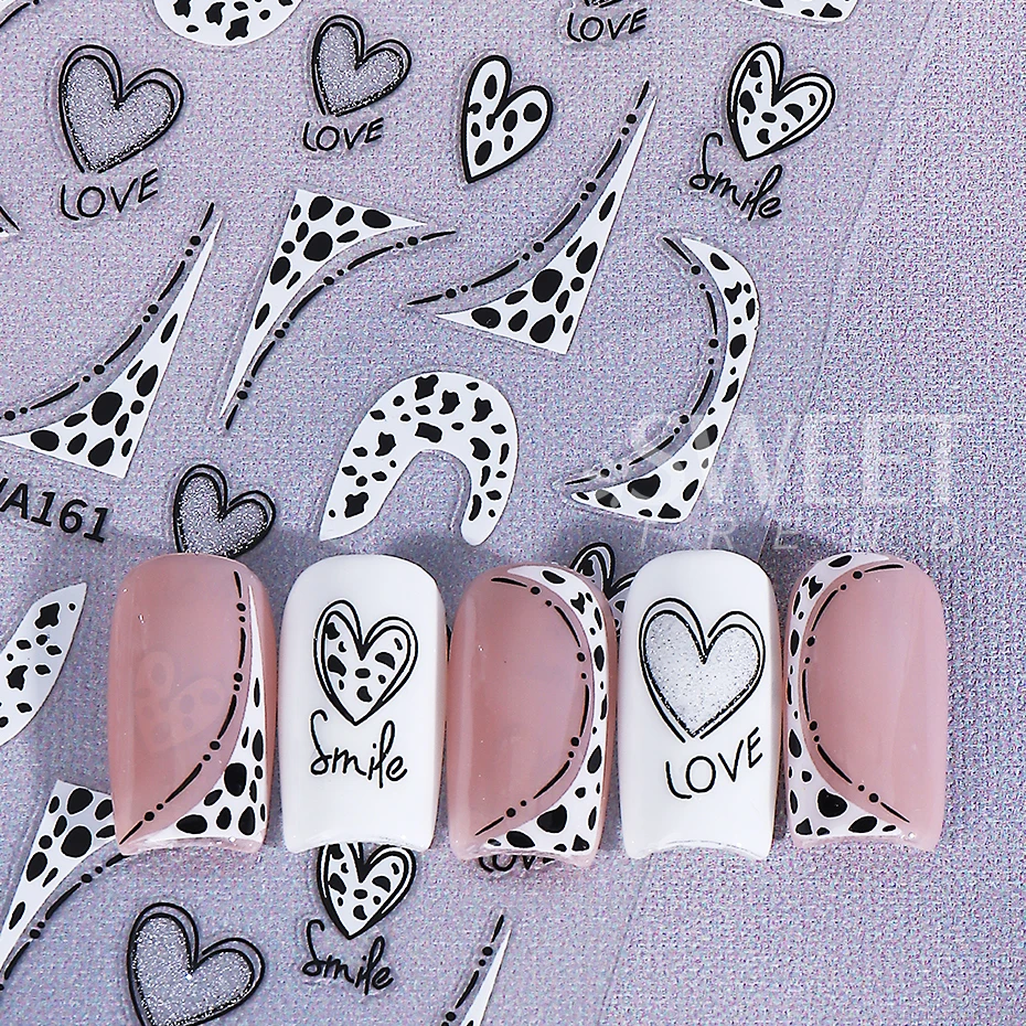 2/3pcs Glitter Silver Pink Love Heart Nail Stickers Leopard Print French Design Nail Decals DIY Valentine's Day Manicure Decor