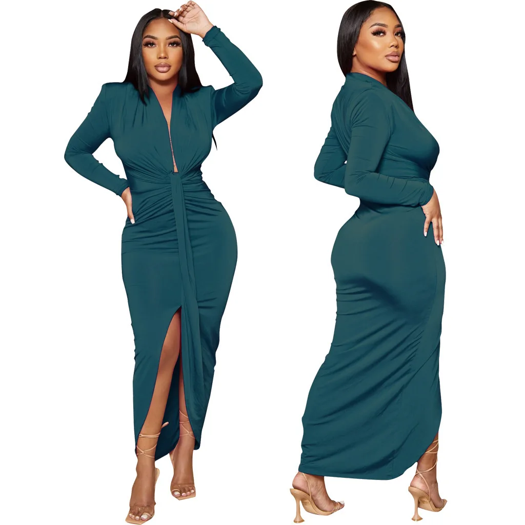 Sexy Little Black Dress Deep V Neck Club Women's Dress Cross-Border Pure Color Long Skirt Elegant Style Polyester Fabric