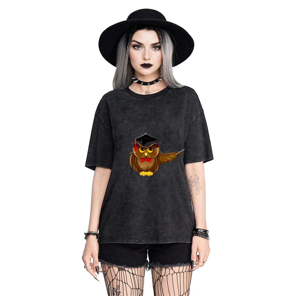 Unisex Gray Washed Owl Graphic T Shirt