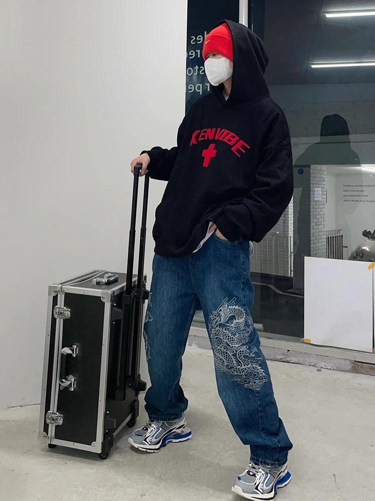 REDDACHiC Hiphop Men Dragon Baggy Jeans Blue Wash Straight Wide Leg Pants Embroidered Casual Pants Retro Y2k Harajuku Streetwear