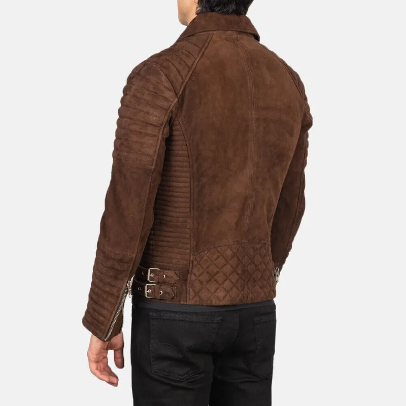 Men's Brown Suede Leather Jacket Quilted Biker Real Lambskin Suede Jacket