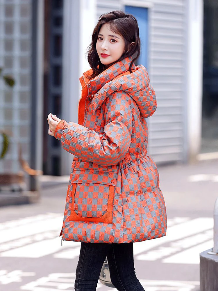 KBAT 2022 Korean Down Jacket Women Winter Parkas Plaid Hooded Thicken