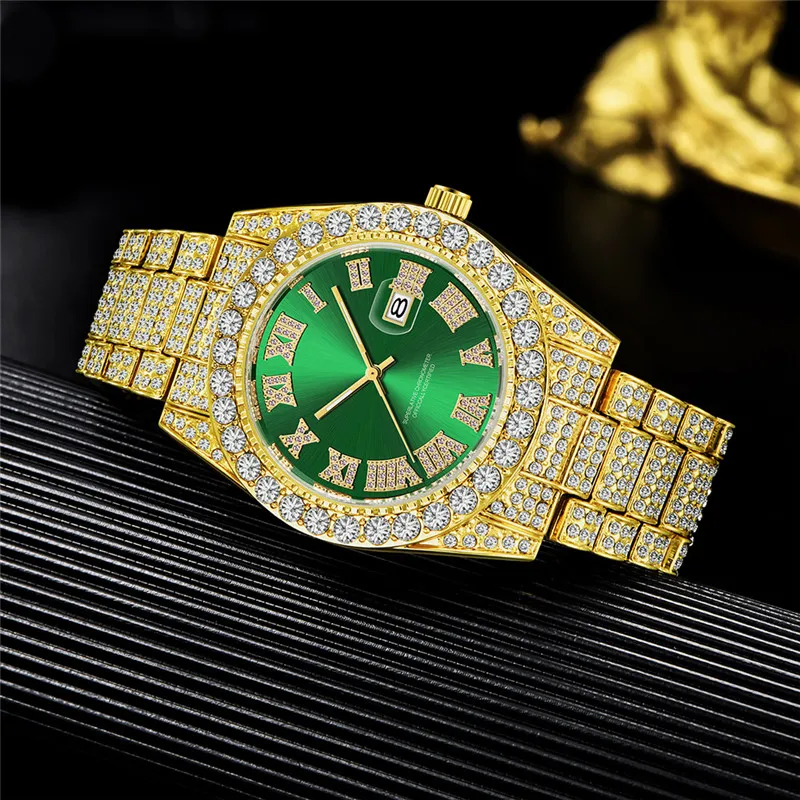 1pc / lot Original Brand Men Golden Watches Hip Hop Diamond Luxury Alloy Band Fashion Date Quartz Watch Relogios Masculinos 2025