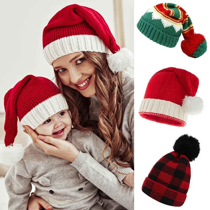 Mother Kids Christmas Hat Cute Pompom Knit Beanie Cap Red Green Plaid Infant Bonnet Girls Boy Xmas Gift Parent-Child Accessories