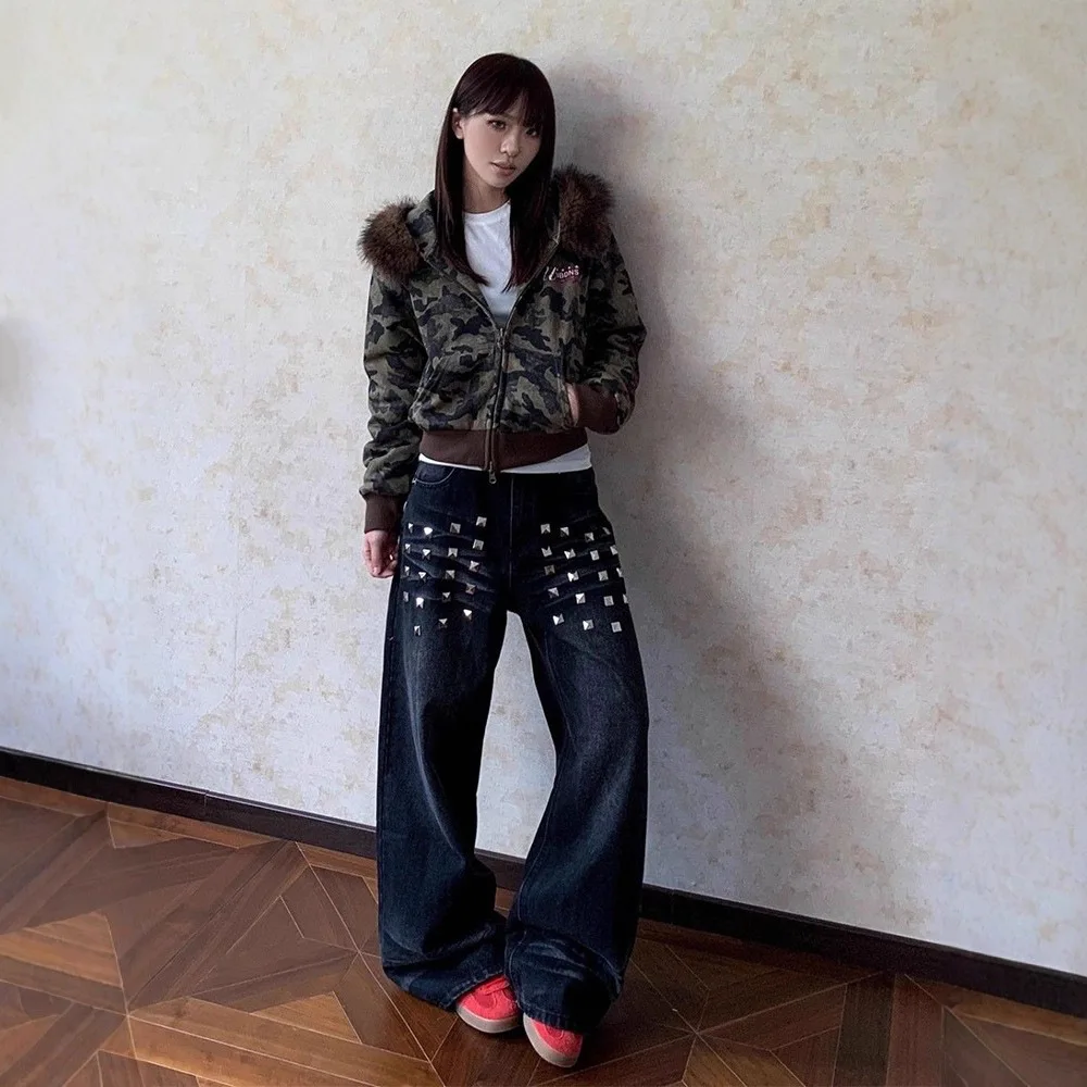 Pantalon en jean pour femme YKJDYK, coupe droite, délavé vintage, patchwork en denim avec embellissement par clous, style streetwear rétro américain