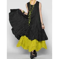 Women Summer Cake Dress Casual Round Neck Sleeveless Fake Two Pieces Gathered Indie Folk Patchwork Loose Maxi Dress Plus Size - Image 5