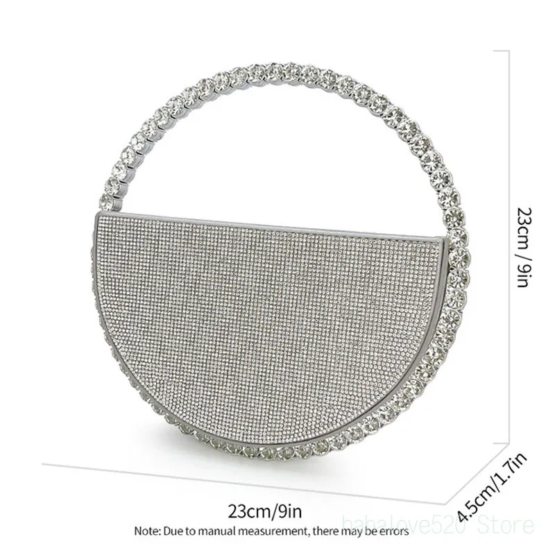 Women Dinner Bag Shiny Silver Round Full Diamond Banquet Luxury Circle Handle Clutch Bags Rhinestone Handbag Wedding Evening Bag