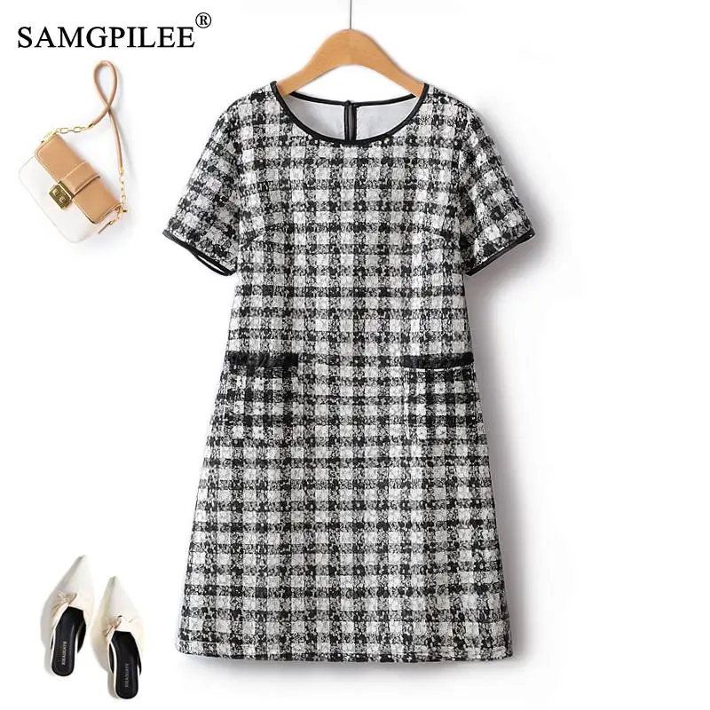 

Женское платье в клетку, с коротким рукавом и кружевом, размеры до 4XL