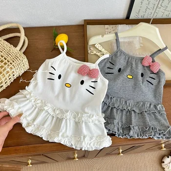 2026 Baby Girls Summer Clothing Cute Cat Plaid Bow Lace Halter Tops Tees Shirts Fashion Kids Children Cotton Casual Clothes 1