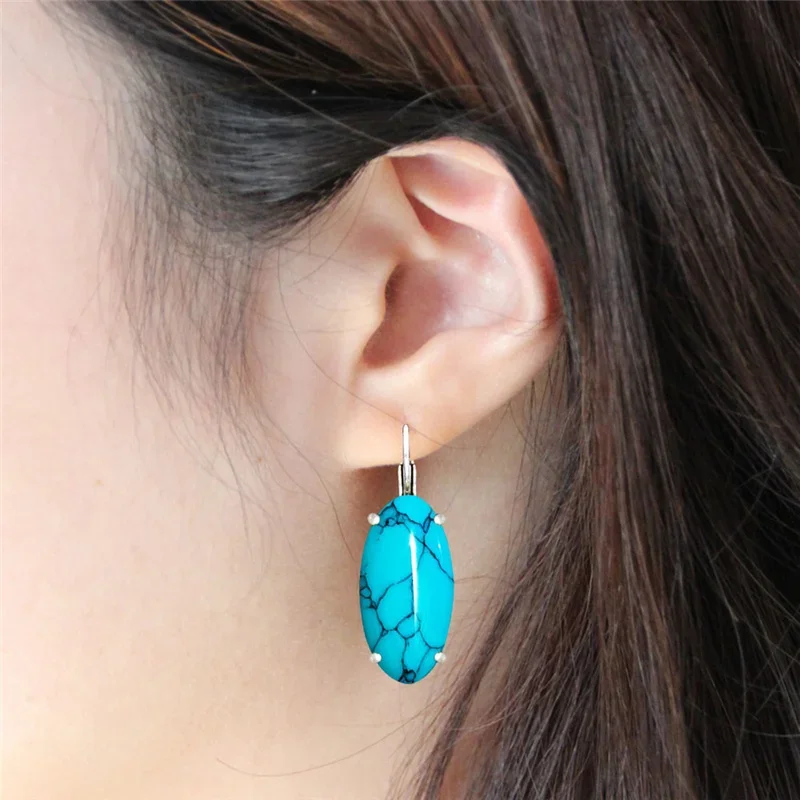 Big Vintage Eye Shape Synthetic Turquoises Earrings For Women Antique Silver Plated Fashion Jewelry