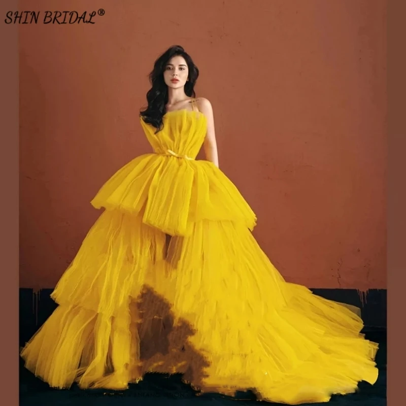 

Женское вечернее платье-трапеция SHIN BRIDAL, простое желтое платье с открытыми плечами, Роскошные платья для выпускного вечера без бретелек, тюлевые свадебные платья