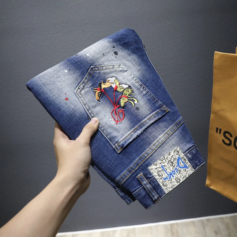 EH·MD® Three Dog Embroidered Jean Shorts Men's Hole Splash Blue Medium Pants Scraped Thin Breathable Soft Elastic 2022 Summer