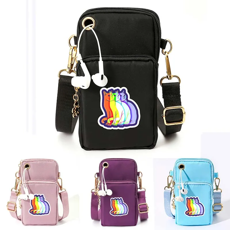 

4 Color Mobile Phone Bag Colorful Cat Fashion One Shoulder Arm Diagonal Straddle Bag with Earphone Holes Three Layer Sports Yoga