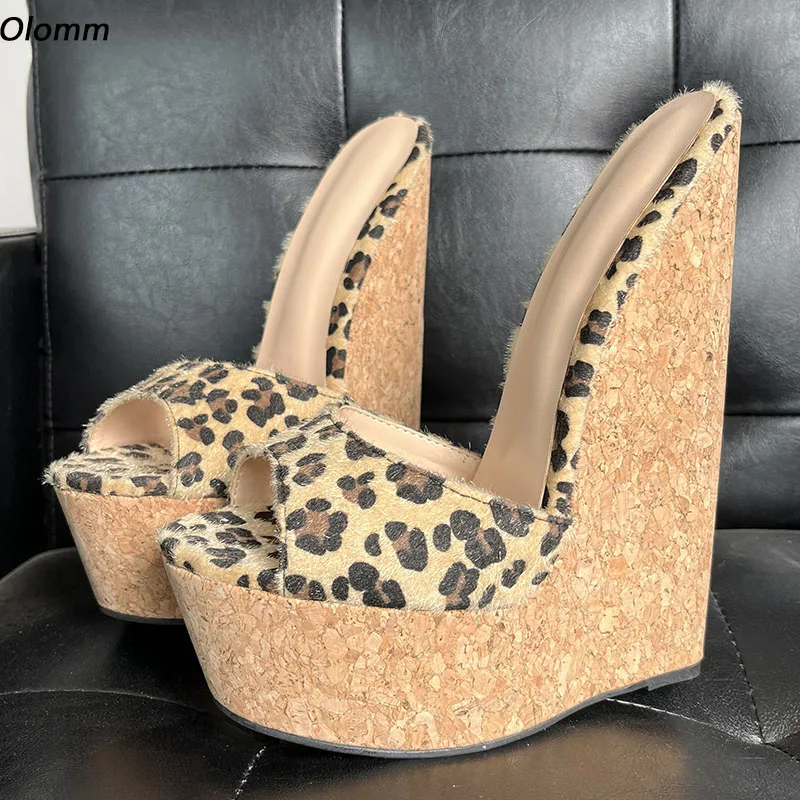 

Olomm Handmade Women Platform Mules Sandals Wedges High Heels Peep Toe Gorgeous Leopard Dress Shoes Ladies US Plus Size 5-15