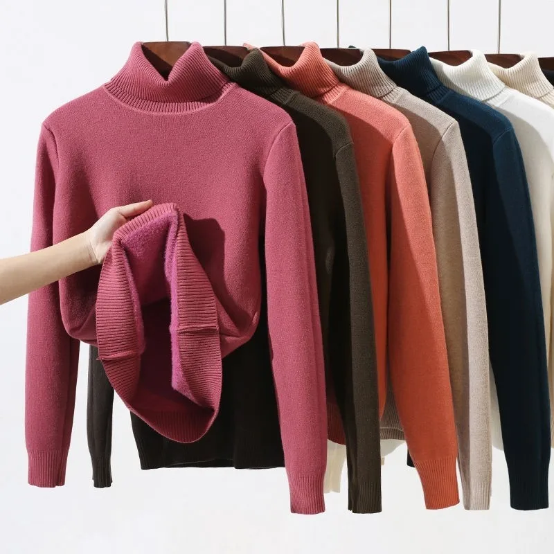 

New Turtleneck Winter Sweater Women Elegant Thicken Velvet Lined Warm Knitted Pullover Slim Tops Sueter Jersey Knitwear Jumper