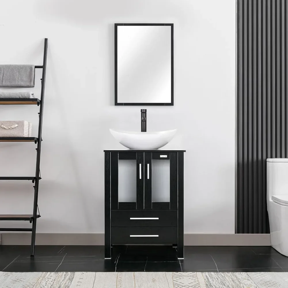 24" Modern Bathroom Vanity Sink Combo Black Stand Cabinet with White Boat Ceramic Vessel Sink & Water Save Faucet & Pop Up Drain 2