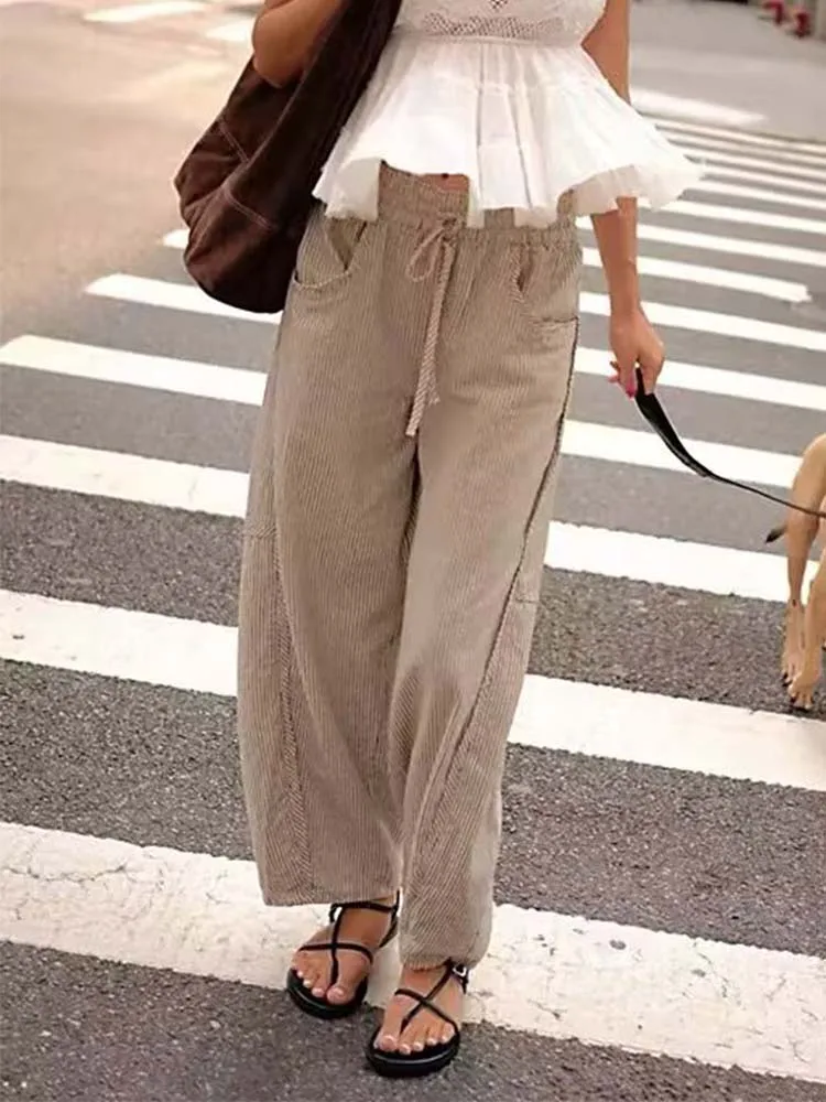 Fashion Chic Striped Print Women Pants Side Pockets Long Straight Loose Pants 2025 Autumn Streetwear Female Trousers