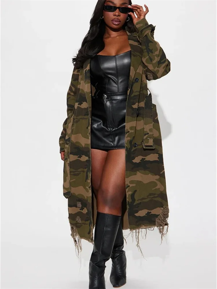 Wmstar Camouflage Trench Jacket Women Clothing Print Coat Streetwear Ripped Long Style Crop Tops Wholesale Dropshipping S-2XL