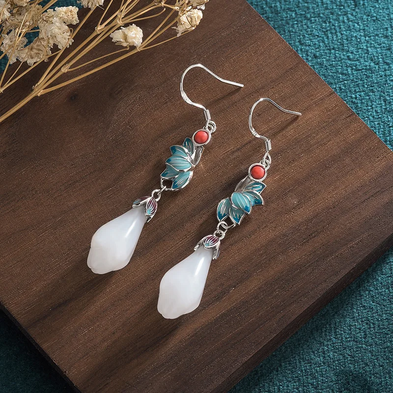 

Серьги Hanfu в китайском старинном стиле, серебро 925 пробы, с холодной эмалью, инкрустированные магнолией, имитация нефрита, Искусственные женские серьги