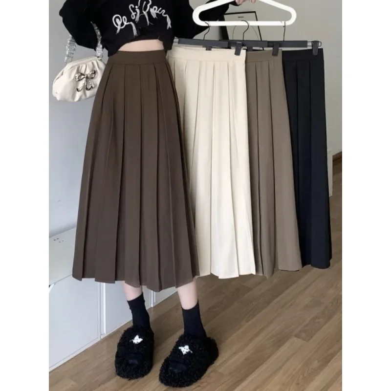 Long Pleated Skirt Women Vintage Korean Fashion Solid High Waist A-line Midi Skirt School Girl Elegant Casual Autumn