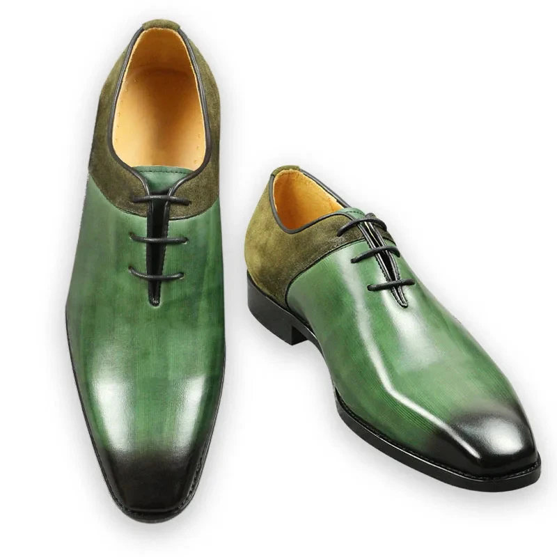 Green Classic Men Shoes Leather Formal Casual Wedding Party Lace Up Oxfords Big Size Suede and Split Leather Footwear For Males
