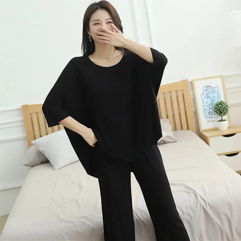 

Pour Bat Spring Women Two Summer Suit Pant Sleepwear Pijamas + Set Loose New Pajamas Femme Cotton Shirt Female Piece Pyjama XXL