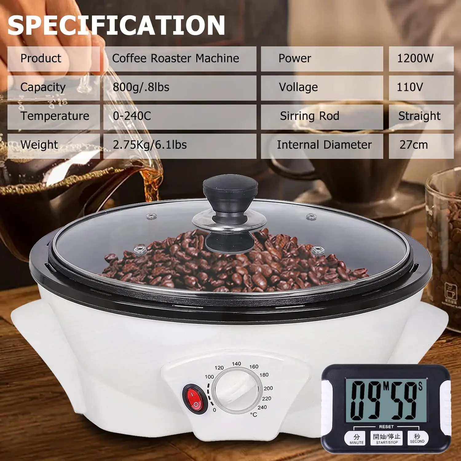 Household Coffee Roasters Machine Electric Coffee Beans Roaster for Cafe Shop Home Use 500g/1.1lb (Upgrade 110V-120V)