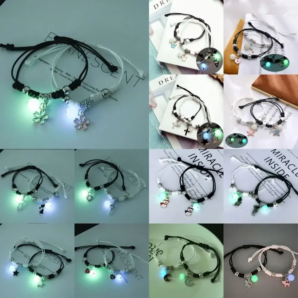 Fashion Luminous Beads Star Couple Bracelet for Women Men Charm Cat Flower Heart Key Lock Cross Matching Friend Bracelet Jewelry