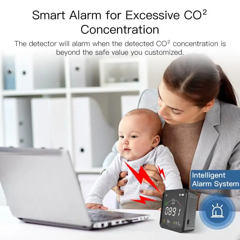 

Tuya WiFi CO2 Carbon Dioxide Air Quality Monitor Detect & Test Temperature And Humidity Sensor Screen Display Alarm Device