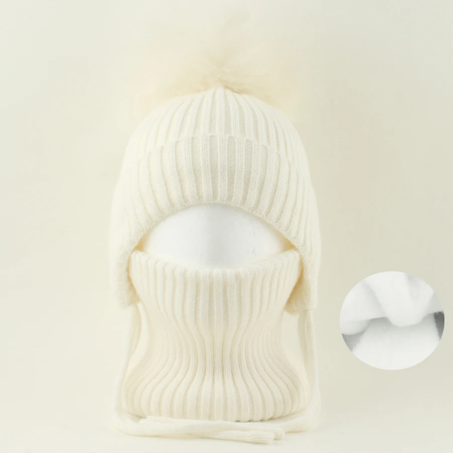 Baby Hut Hals Set Echt Waschbären Pelz Pompom Kinder Mädchen Junge Winter Warme Fleece futter Wolle Gestrickte Mützen Kinder Kappe Im Freien – Detail 16