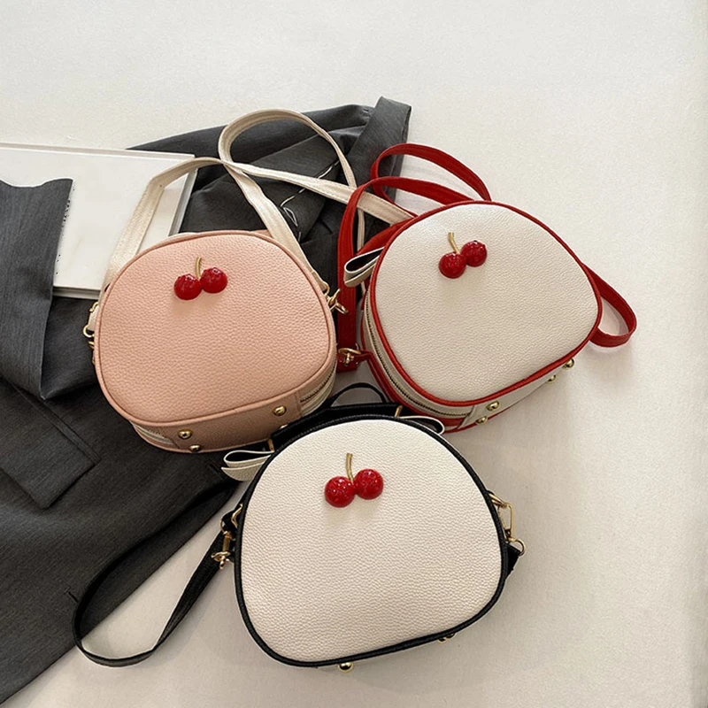 Litchi Pattern Contrast Color Cherry Small Backpack 2024 New Women's One-shoulder Messenger Mobile Phone Bag