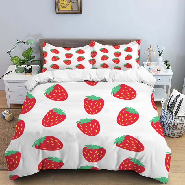 BlessLiving Strawberry Quilt Set Fresh Fruits Thin Comforter Green Leaf Summer Bedding Pink Healthy Food Air-conditioning Duvet 1