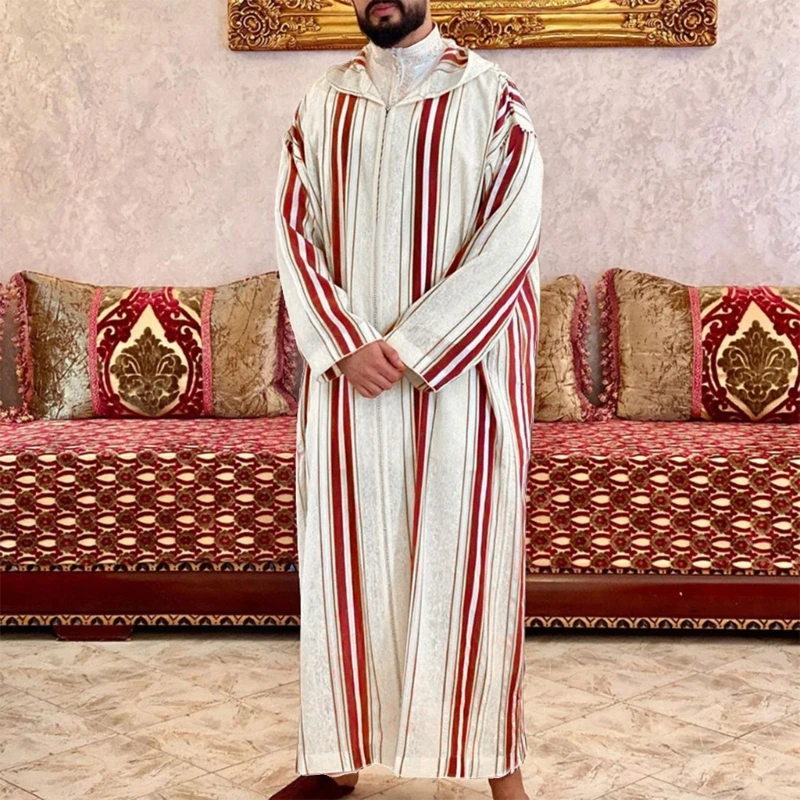 Stripe Long Sleeve Casual Abaya Muslim Dress Moroccan Ramadan Gown Shirt for Men