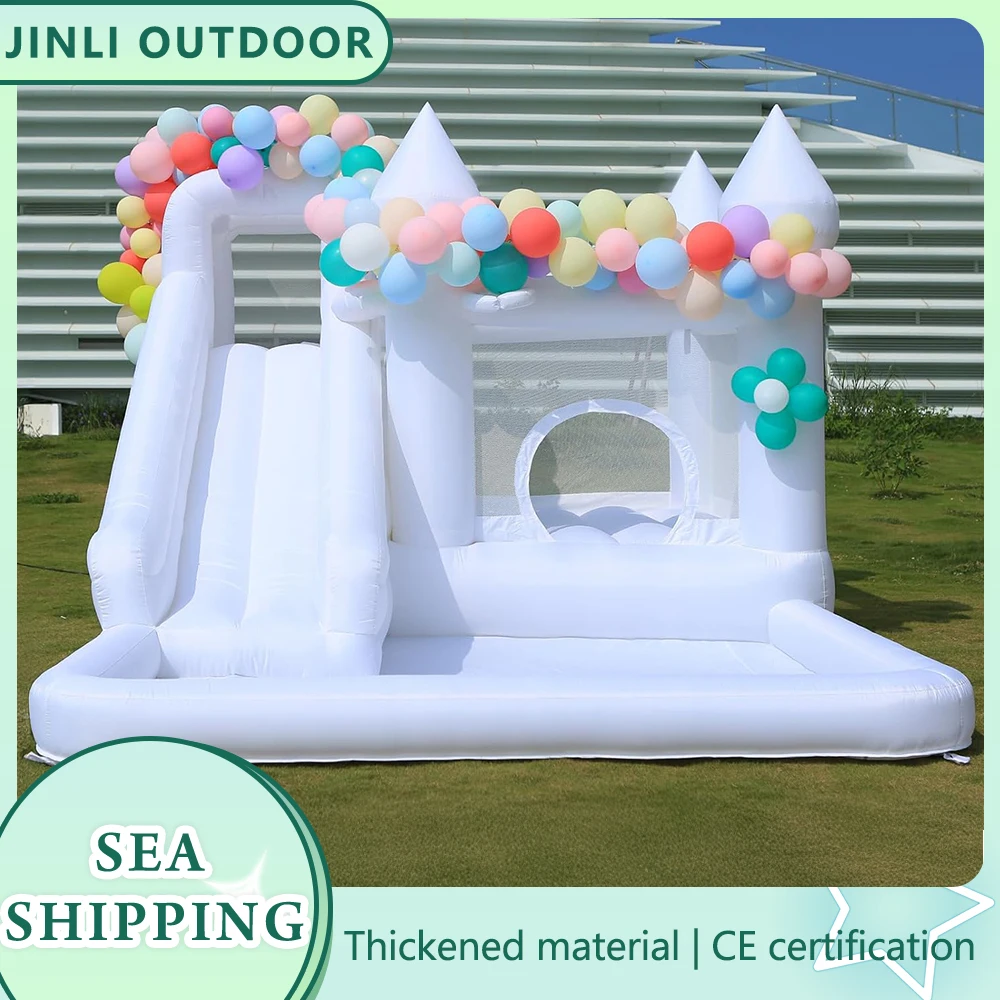 Inflatable White Bounce House with Slide Ball Pool and Blower PVC Jumping Castle for Kids Birthday Wedding Party Outdoor