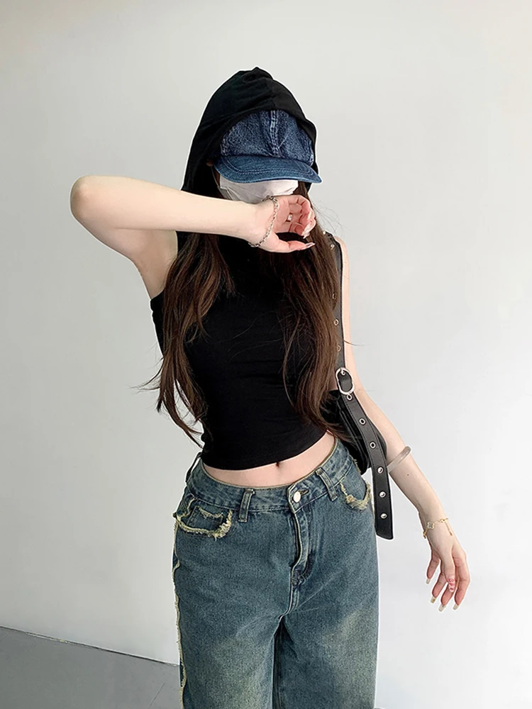 Summer New Tank Top Hooded Vest Women's Tops Streetwear Design Slim Fit Sleeveless Crop Top Solid Color Girls Clothing