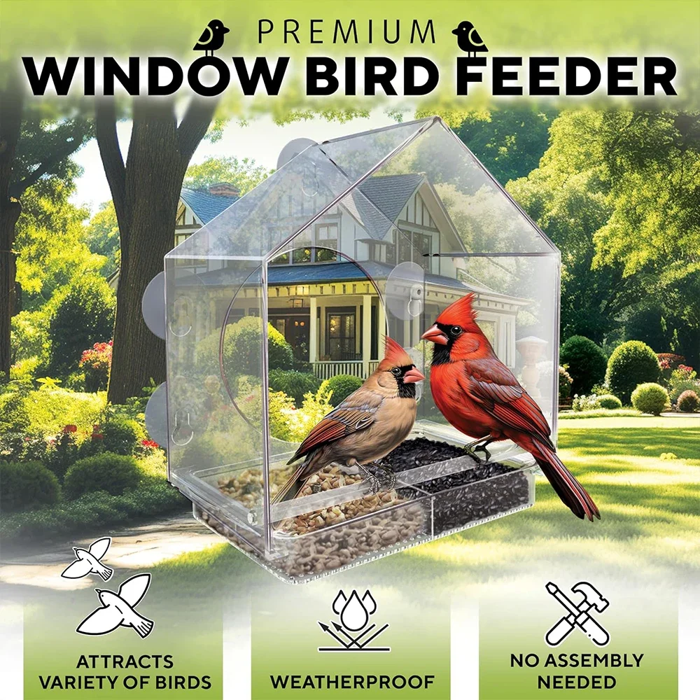Clear Window Bird Feeder, Large Bird House for Outside with Removable Sliding Tray Birdfeeders with Drain Holes Garden Decor - Image 3