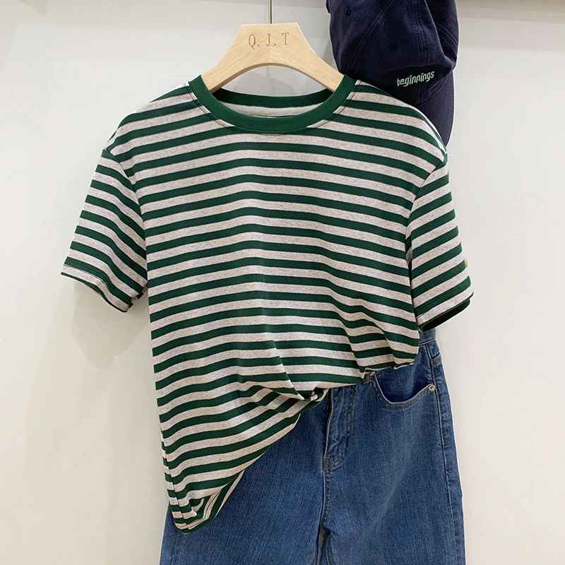 Summer Short Sleeve Striped T-Shirts Versatile Women Knitted Basic Casual Tops Female Cozy Loose Cotton Tees 2023 Harajuku Shirt