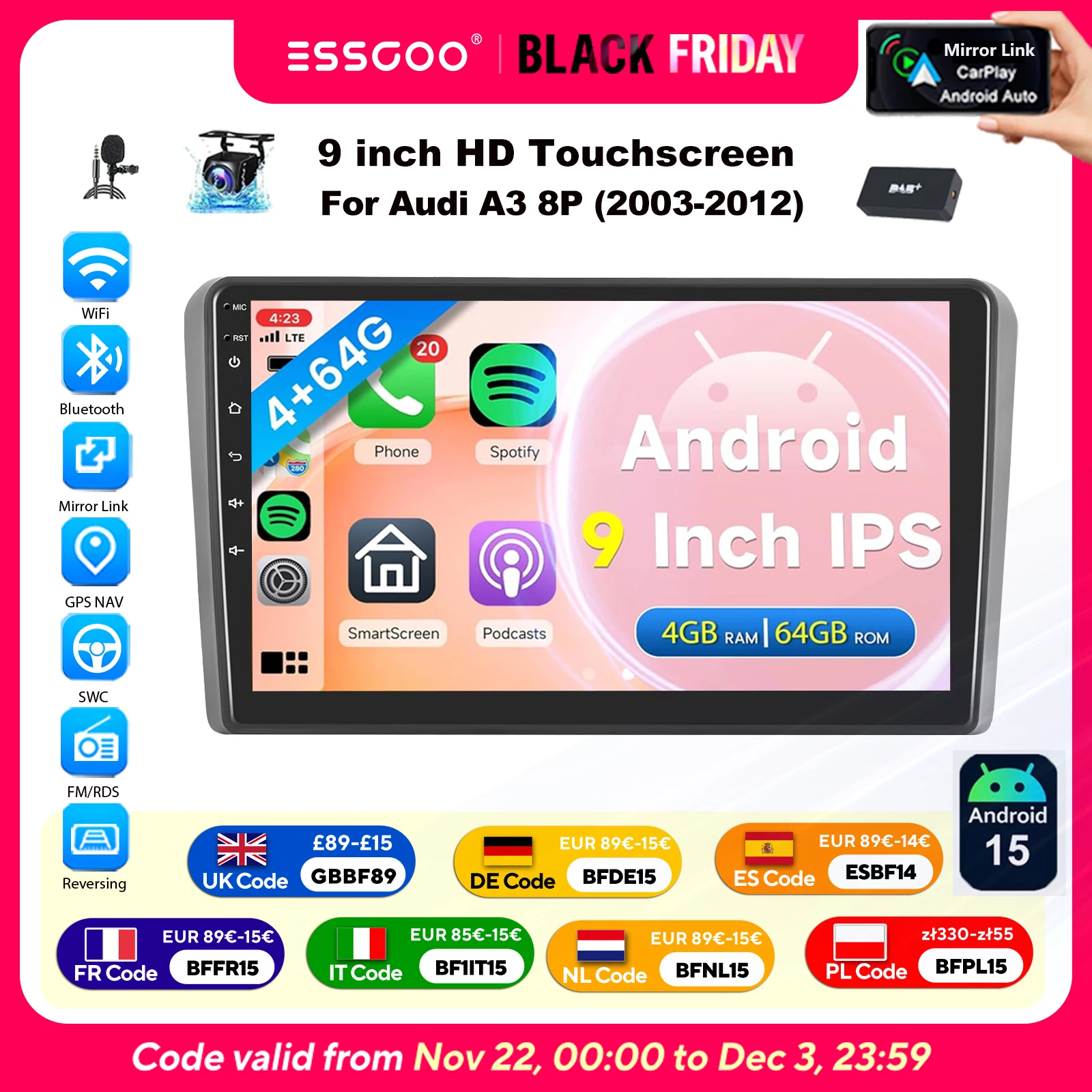 Radio samochodowe ESSGOO Android15 9" 4+64 GB do Audi A3/S3 (8P/8V) RS3 8PA 2+32 GB Bezprzewodowy CarPlay Nawigacja GPS RDS FM AM WiFi Bluetooth Obsługa z Kierownicy Mirror Link Android Auto