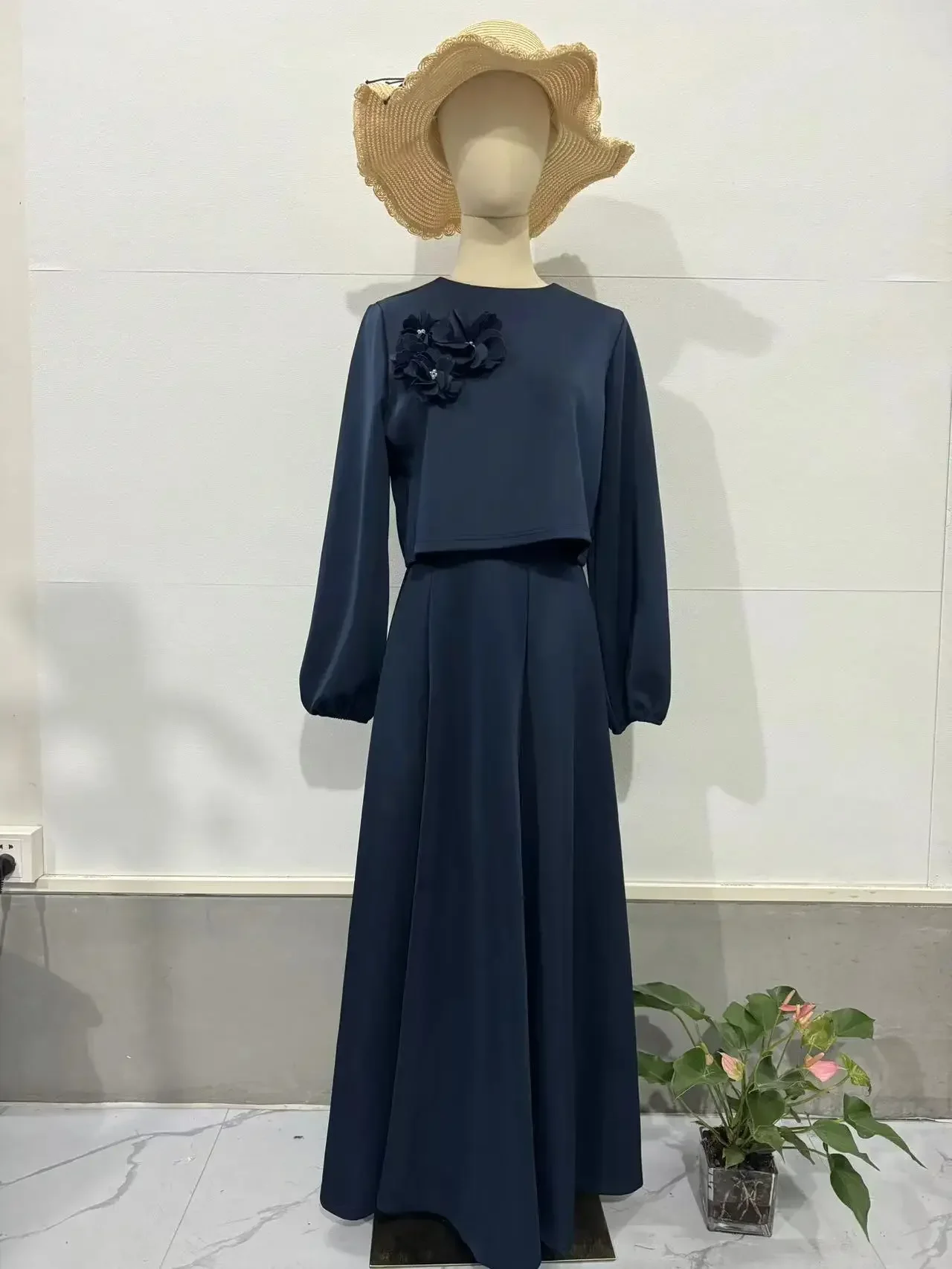 Conjunto de dos piezas de vestido holgado con mangas abullonadas y flores de Dubái de Oriente Medio para mujer
