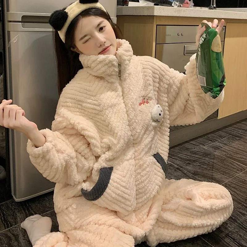 2024 New Korean Version Loungewear Coral Velvet Pajamas Autumn Winter Thick Velvet Sleepwear Zipper Flannel Students Homewear
