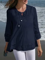 Womens Lace Patchwork Blouses ZANZEA 2025 Summer Bohemian Casual 3/4 Sleeves Blusas Shirts Casual Hollow Out Tunic Tops Beach - Image 2