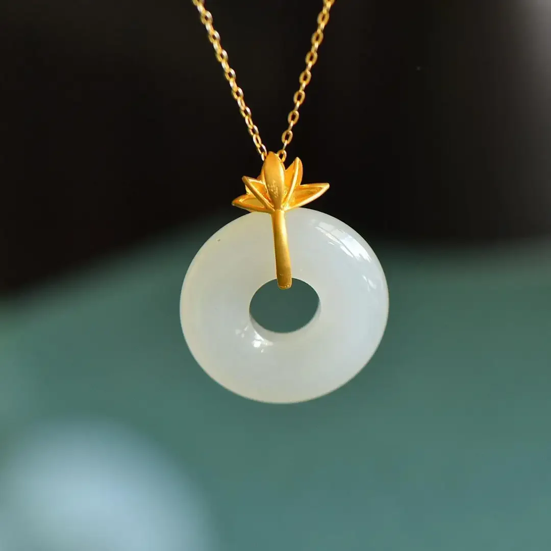 Independent design Hetian jade rings for women golden lotus necklace pendant ladies jewelry