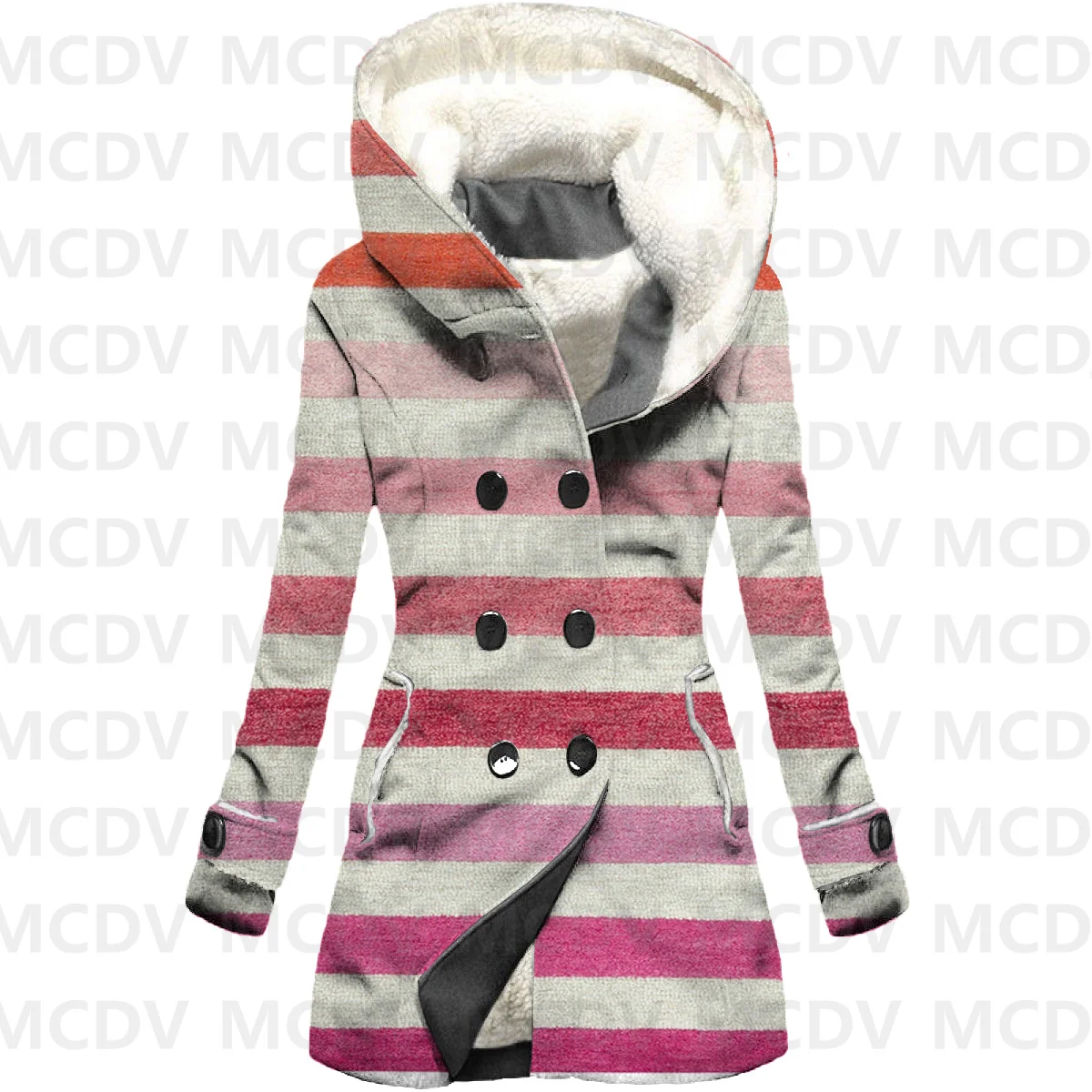 Retro Stripe 3D Printed Fleece Hooded Cloak Women Thick Warm Coat Women's Winter Warm Overcoat Casual Clothes