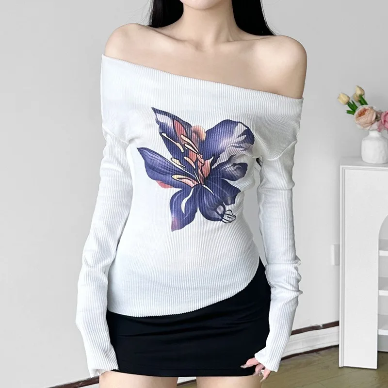 Talenza One Shoulder Printed Top Women's Summer Knit Backless Pleated Casual Pullover White Slim Office Lady Sexy Female T-Shirt 4