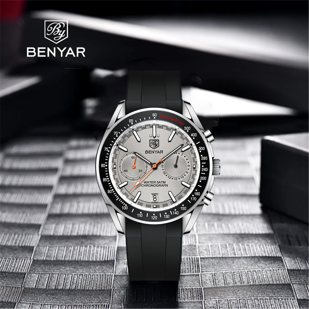 BENYAR DESIGN 2022 New Luxury Men Quartz Watch Automatic Wrist Clock 43mm Sports Brand 50m Waterproof Rubber Strap Watch For Men