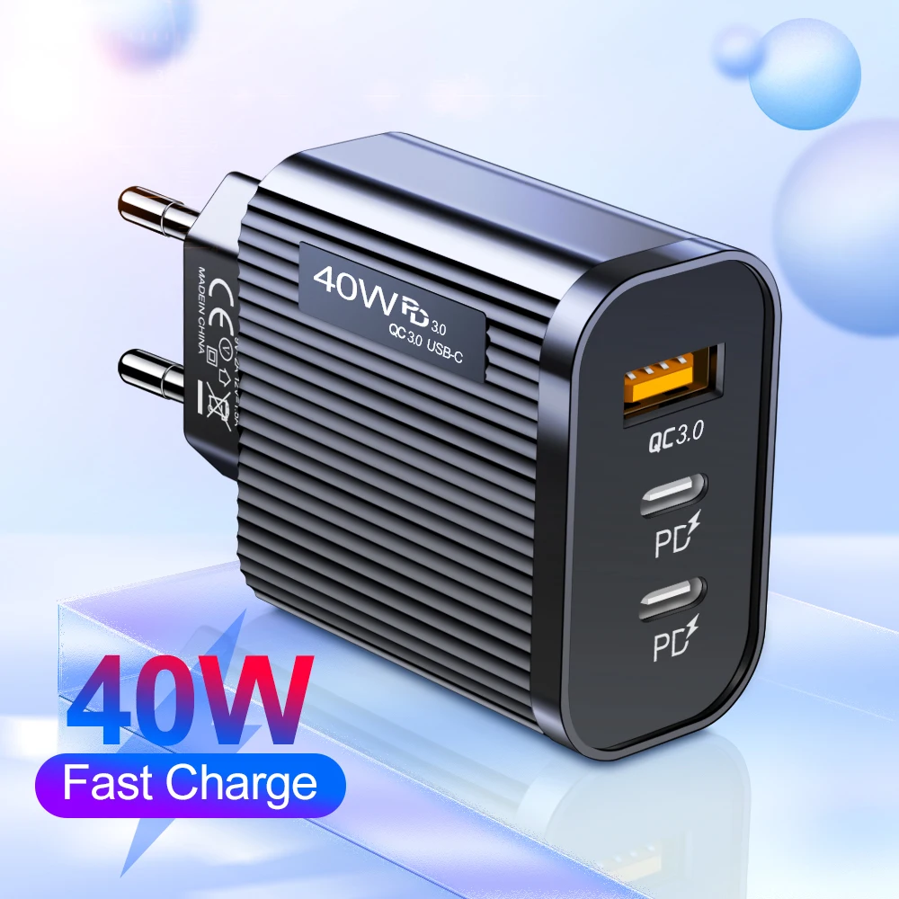 

40W USB PD Charger 3 Ports Type C Fast Charging Power Adapter For iPhone 14 Xiaomi 13 Pro Samsung Huawei Plug Wall Phone Charger