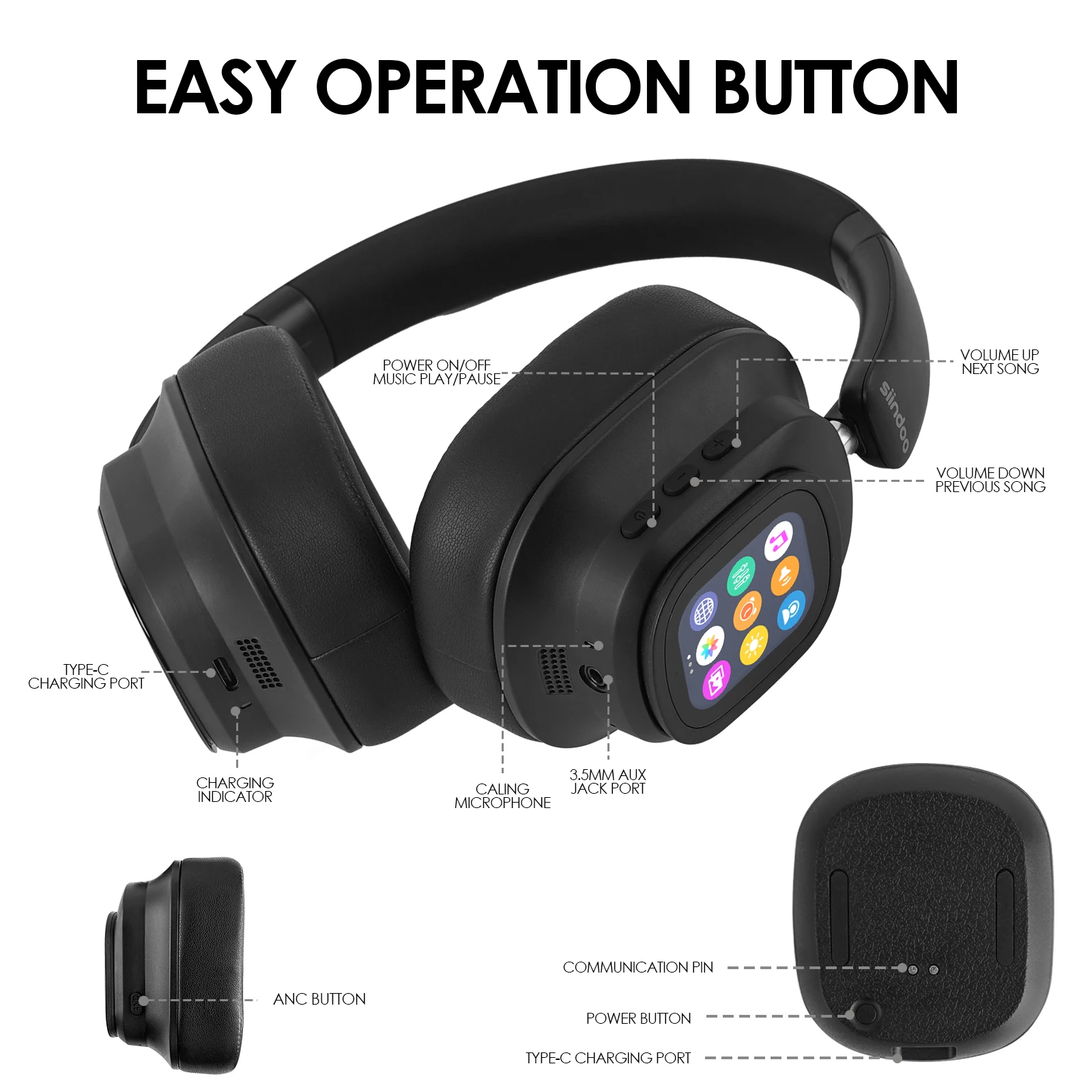 Siindoo NEWEST ANC930Plus Hybrid ANC Wireless Headphone, With Multi Magnetic Touch Control LED Screen AND APP Download 1GB MP3 5