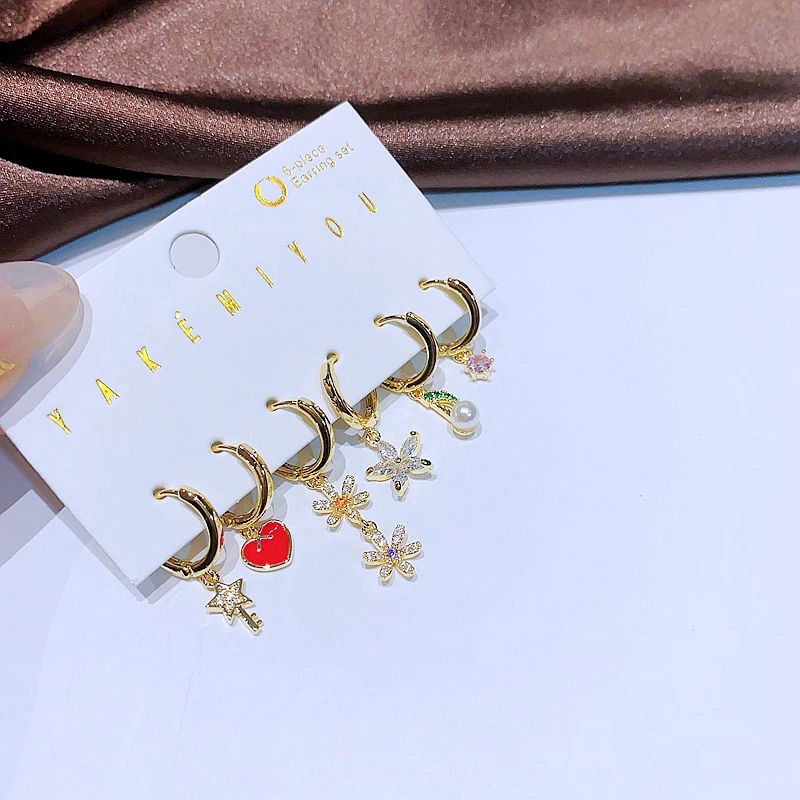 MIGGA 6pcs Mix and Match Huggie Earrings Set Gold Color Zircon Heart Flower Dangle Earrings for Women 3